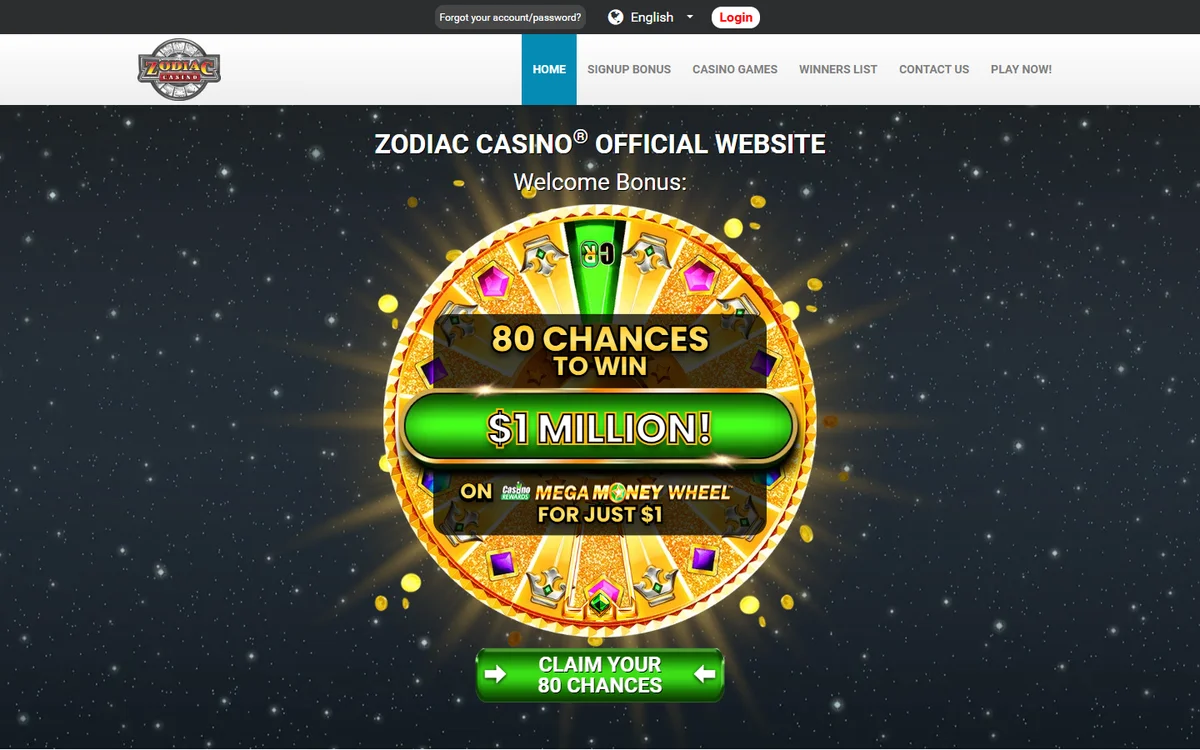 Zodiac Casino $1 deposit casino NZ offer - 80 chances on the Mega Money Wheel