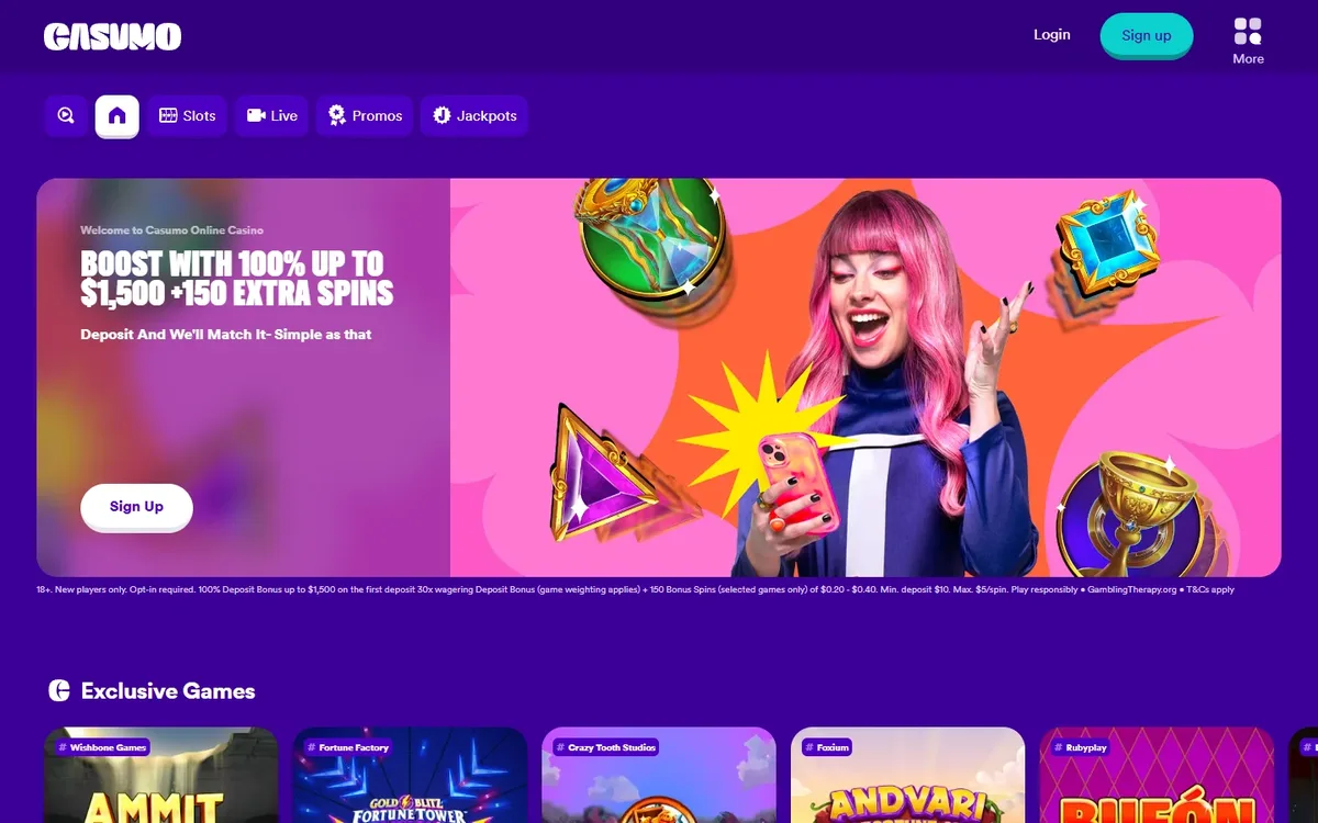 Casumo lobby - the closest thing to a $5 deposit casino NZ players can get with fair terms