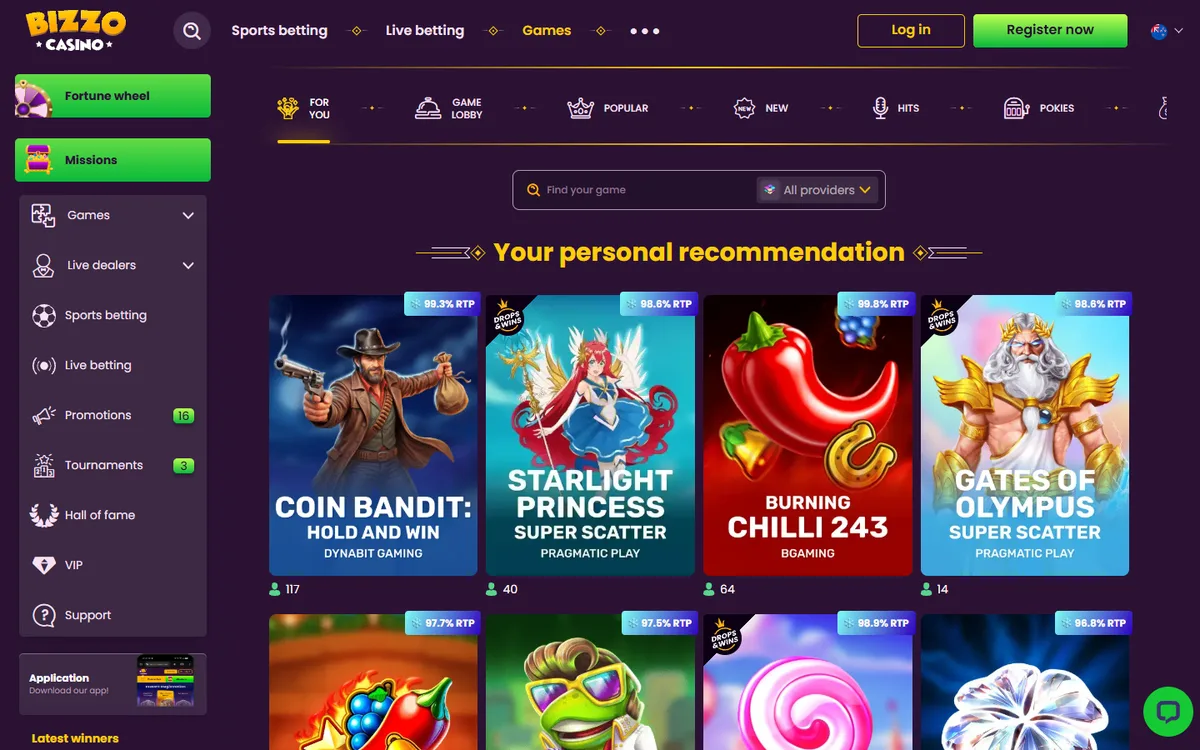 Bizzo pokies lobby - best payout online casino NZ feature with live RTP badges on every tile