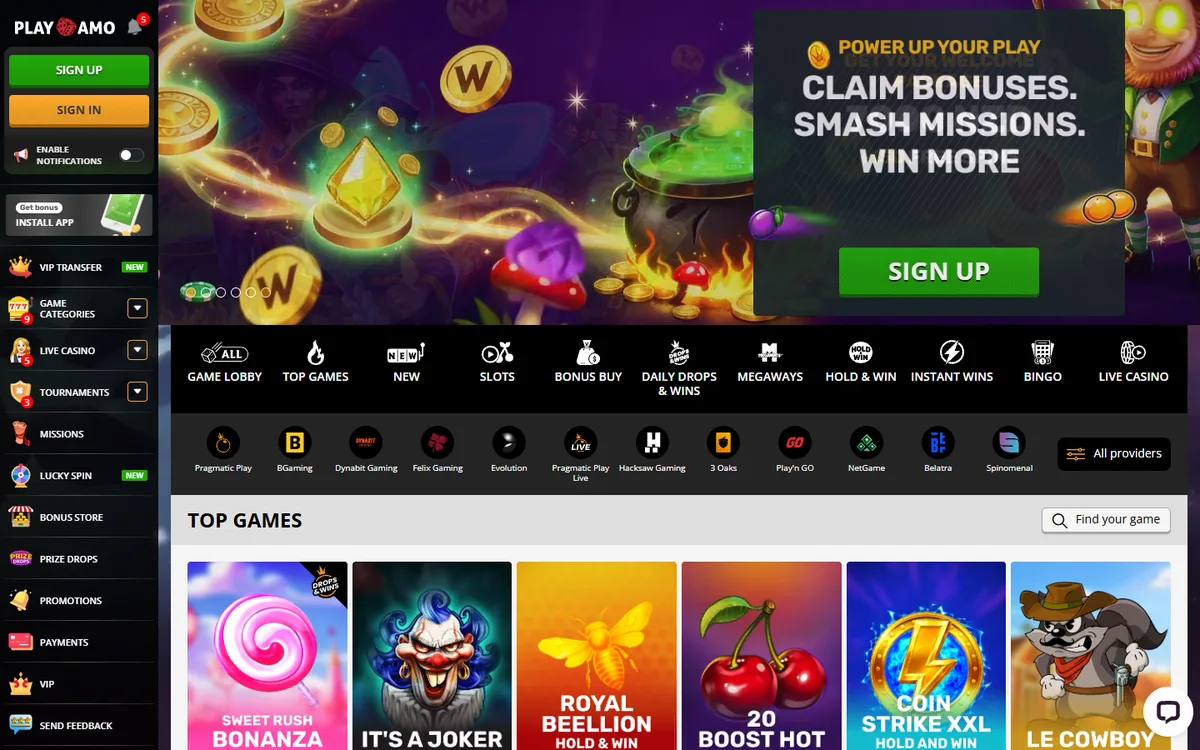 PlayAmo homepage - fast withdrawal casino NZ with a published 12-hour payout aim