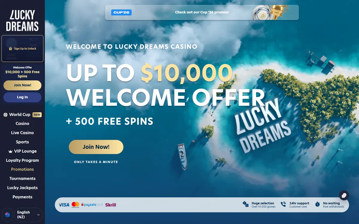LuckyDreams homepage - the biggest alternative to free spins no deposit NZ offers, 500 spins over five deposits