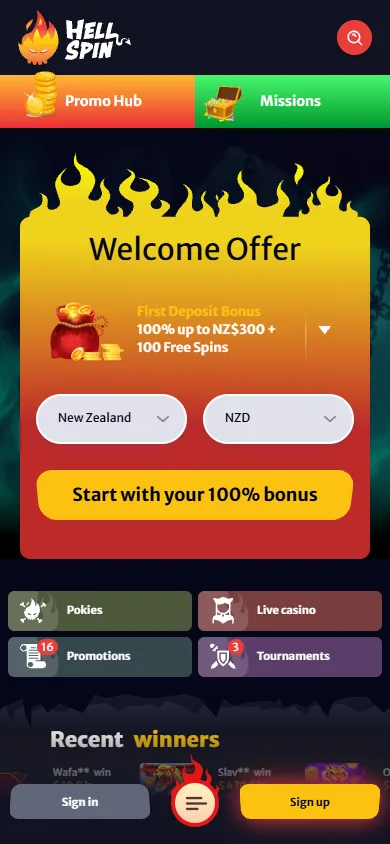 HellSpin NZ mobile site with the welcome offer and New Zealand account settings