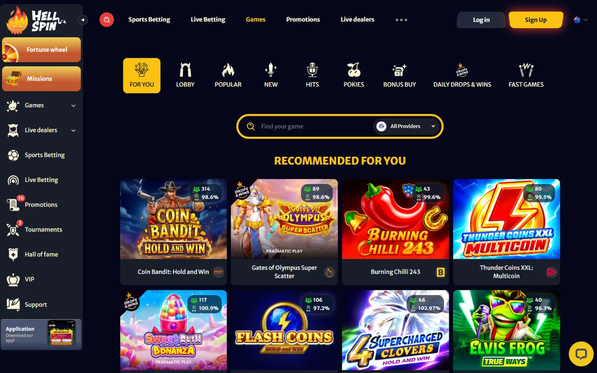HellSpin NZ pokies lobby with live RTP badges on every game tile