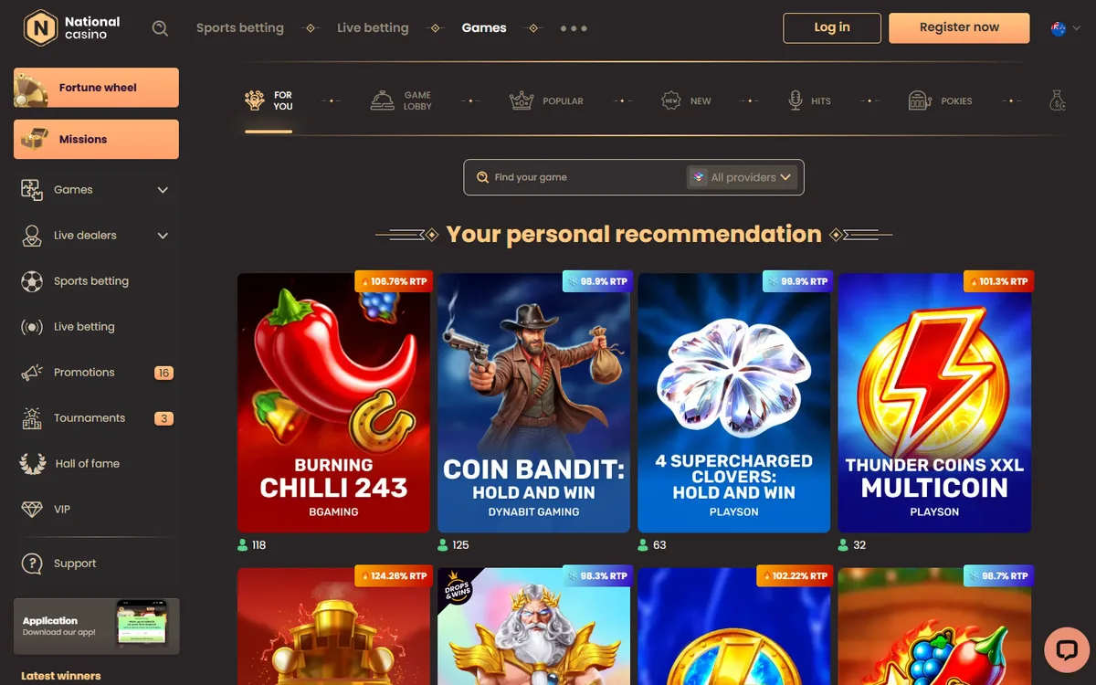 National Casino NZ pokies lobby with RTP badges on game tiles