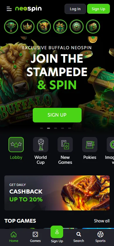 Neospin NZ mobile homepage with the exclusive Buffalo pokie banner