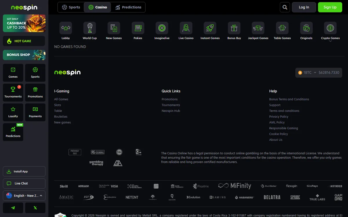 Neospin NZ pokies lobby with demo mode available on every game