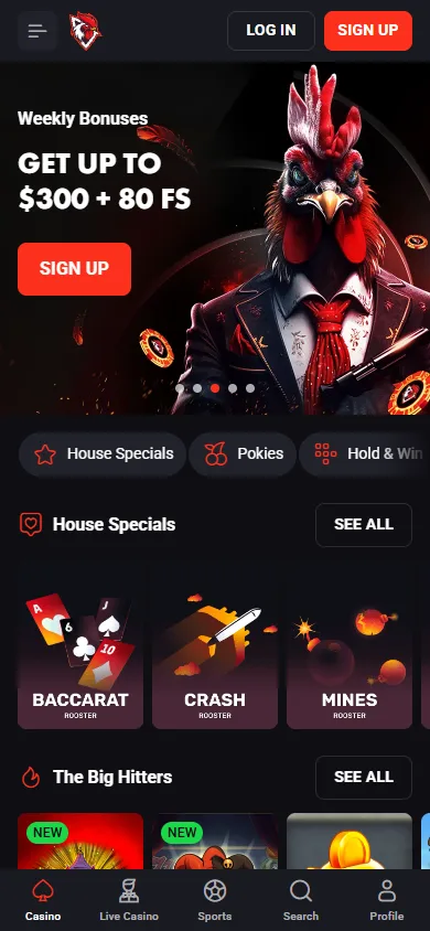 Rooster.Bet NZ mobile homepage with casino and sports navigation