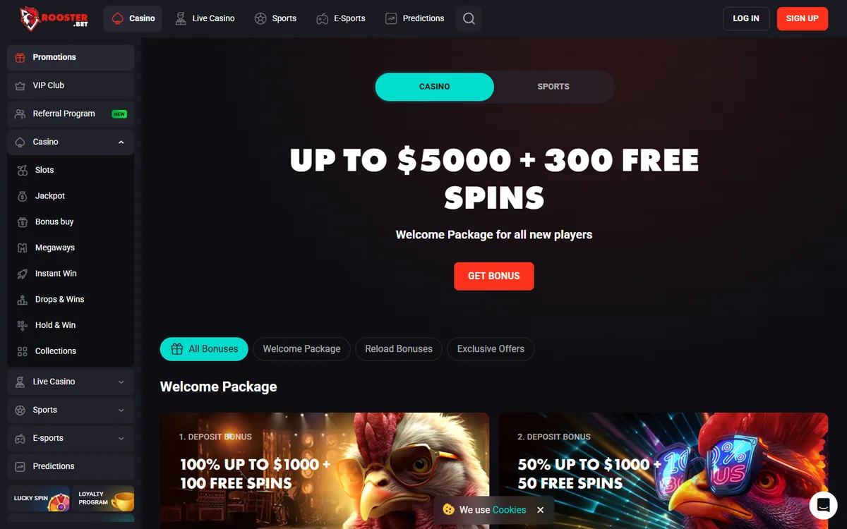 Rooster.Bet NZ promotions page with welcome package and reload offers