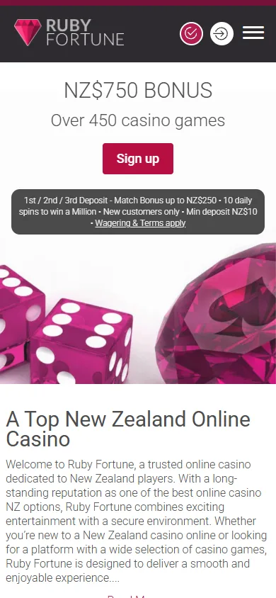 Ruby Fortune NZ mobile homepage with the NZ$750 welcome bonus