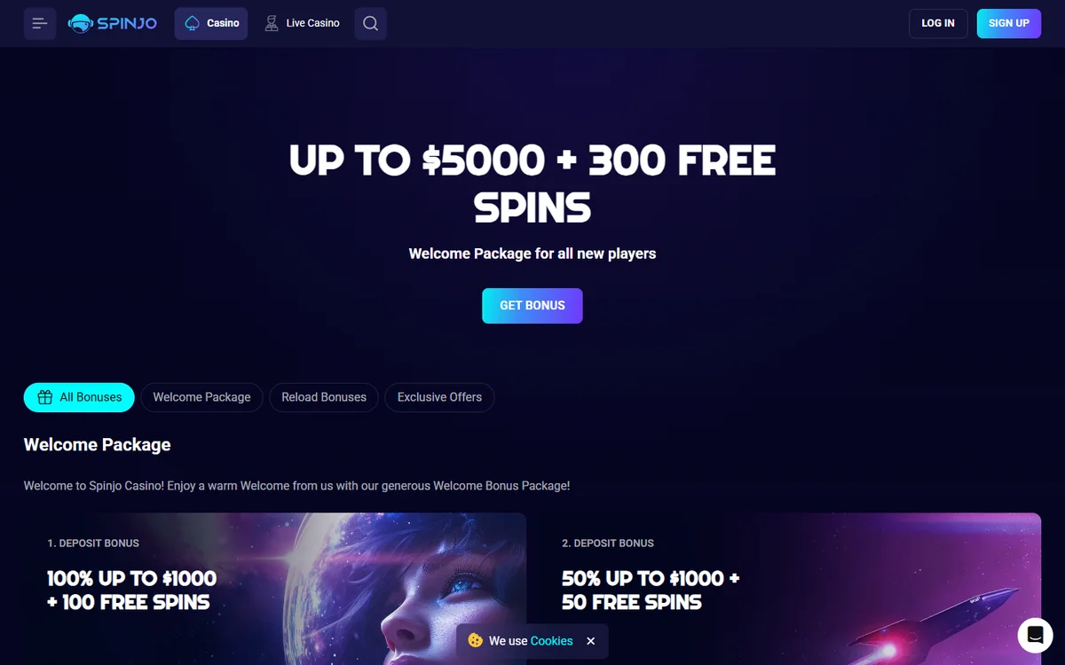 Spinjo NZ promotions page with the four-deposit welcome ladder and bonus codes