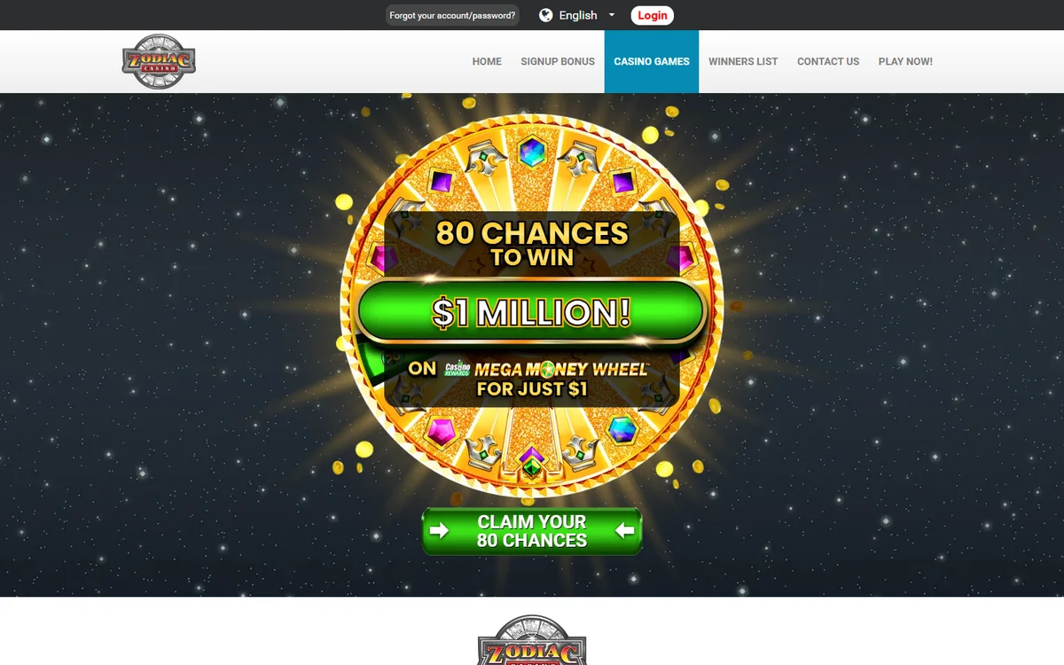 Zodiac Casino games page with slots, blackjack and roulette categories