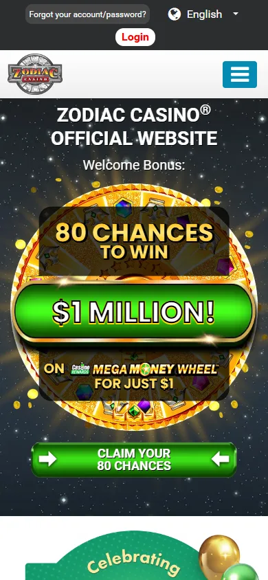 Zodiac Casino mobile homepage with the 80 chances offer